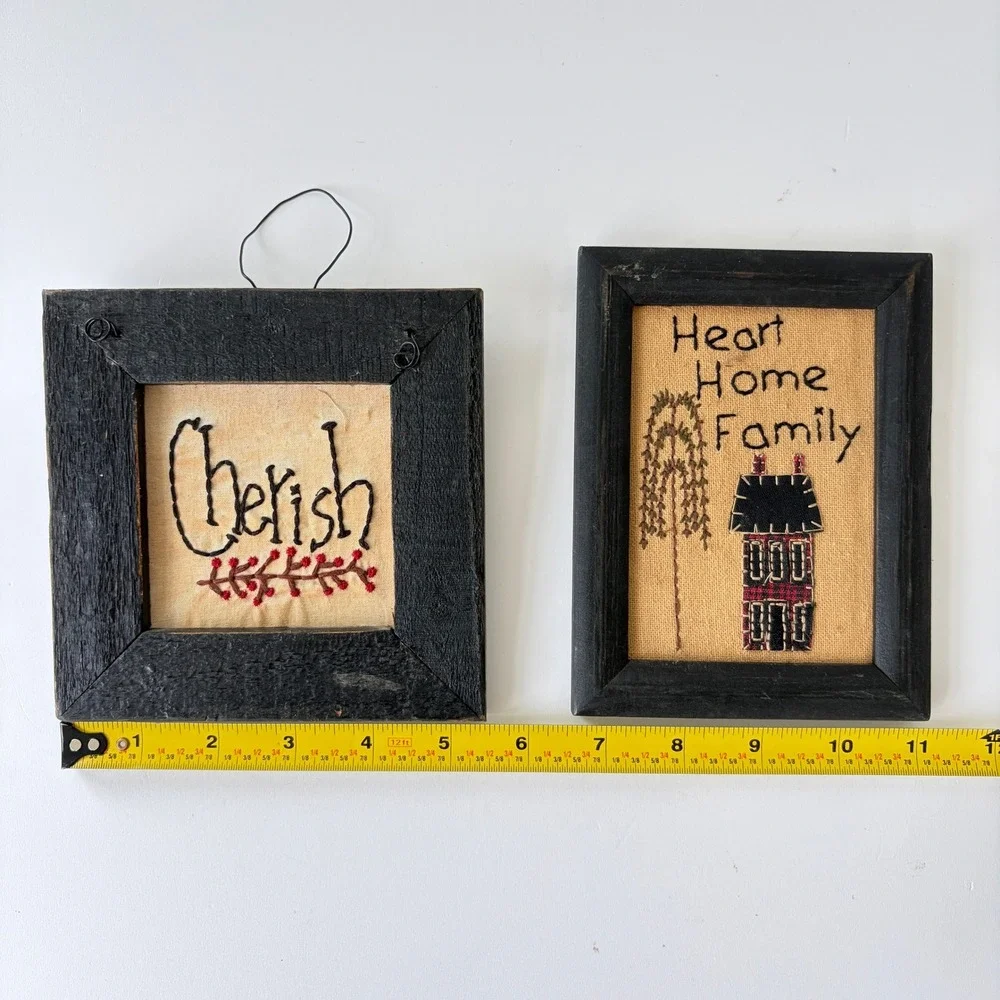 Primitive Folk Art Embroidered Framed Art Set Cherish Heart Home Family Black